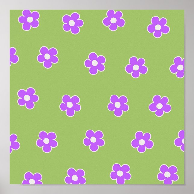 Poster Padrão de Flor Y2K Retro Roxo Verde (Frente)