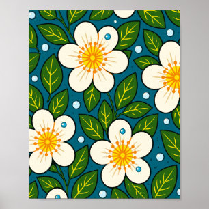 Poster Padrão de Florais Brancas Cremosas com Folhas Verd