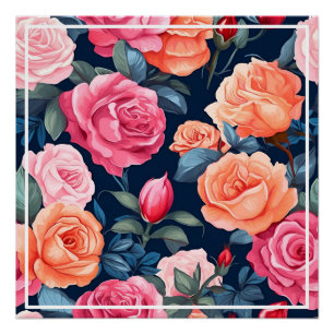 Póster Padrão de Flores de rosa florescente- 80037