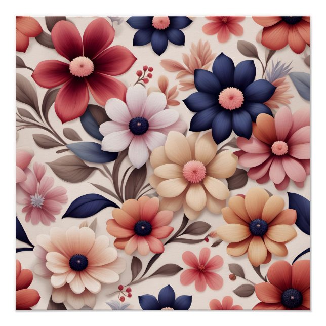 Póster Padrão de flores e folhas cor-de-rosa em negrito (Frente)