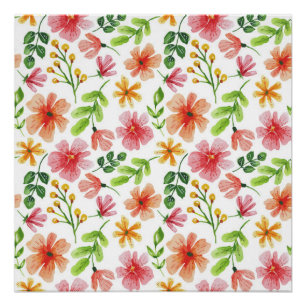 Póster Padrão de Flores Rosa em Aquarela
