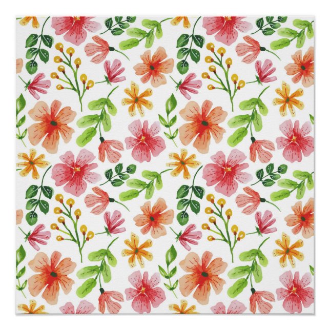 Póster Padrão de Flores Rosa em Aquarela (Frente)