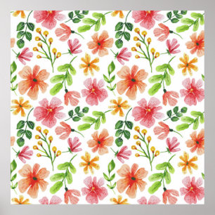 Poster Padrão de Flores Rosa em Aquarela
