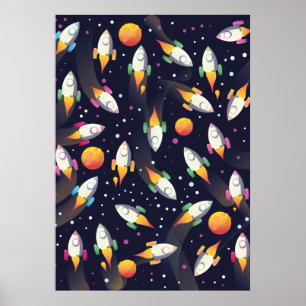 Poster Padrão de Foguetes do Espaço Retroativo.