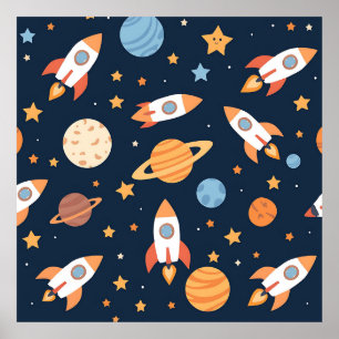 Poster Padrão de Foguetes Planetas Espaço Fofo