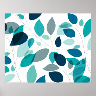 Poster Padrão de Folhas Azuis e Verdes Modernas Elegante