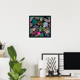 Poster Padrão de Folhas e Flores Tropicais Vibrantes