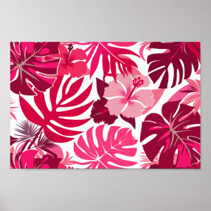 Poster Padrão de Folhas Tropicais de Hibiscus e Monstera