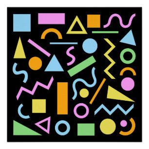 Póster Padrão de Forma Estilo Anos 80 Colorido em Preto