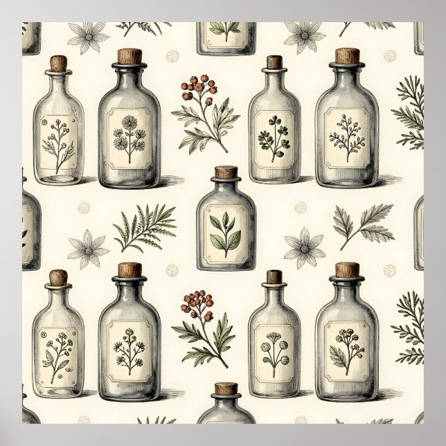 Poster Padrão de Garrafas de Ervas de Farmácia Antiga (Frente)