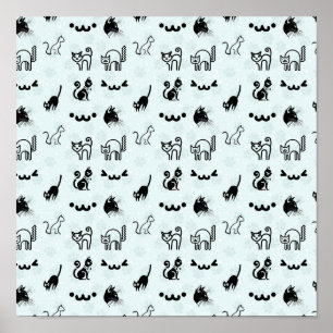 Poster Padrão de Gato Caprichoso Fofo Preto Branco Azul C
