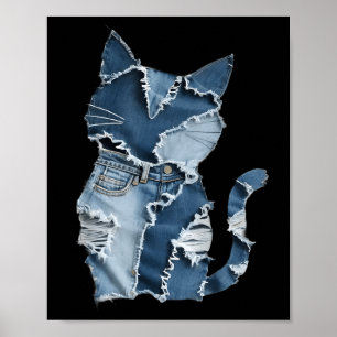 Poster Padrão de Gato Fofo Remendo de Jeans Costura Engra