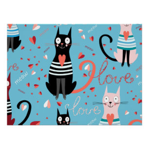 Póster Padrão de gatos giros sobre fundo azul