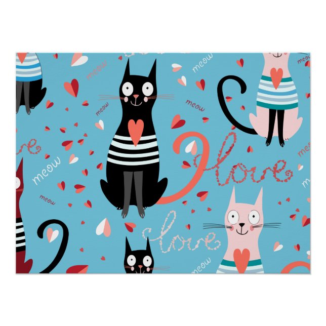 Póster Padrão de gatos giros sobre fundo azul (Frente)
