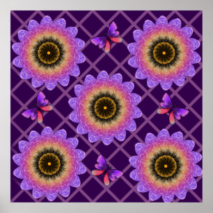 Poster Padrão de Grade de Borboleta e Flor Cottagecore