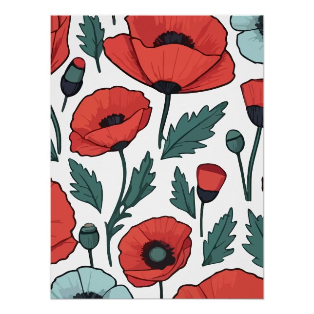 Póster Padrão de Ilustração das Flores de Papoila Vibrant (Frente)