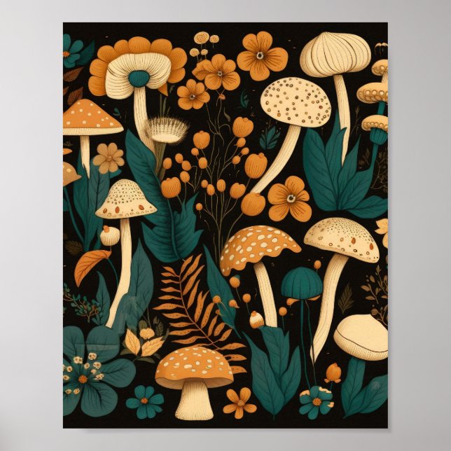 Poster Padrão de Ilustração de Mushroom Fern e Flor (Frente)