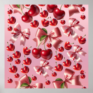 Poster Padrão de Laço de Cereja do Coração da Coquete Per