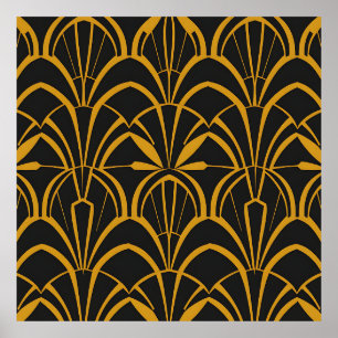 Poster Padrão de Leque Art Déco Clássico Preto Dourado Ru