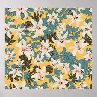 Poster Padrão de Lily de Folhas Tropicais Brilhantes