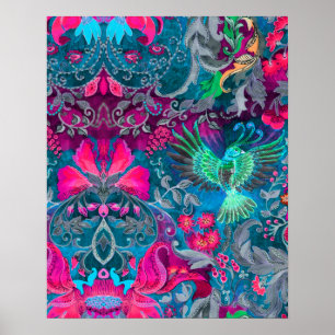 Póster Padrão de luxo floral azul-de-pássaro-lux