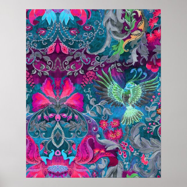 Póster Padrão de luxo floral azul-de-pássaro-lux (Frente)