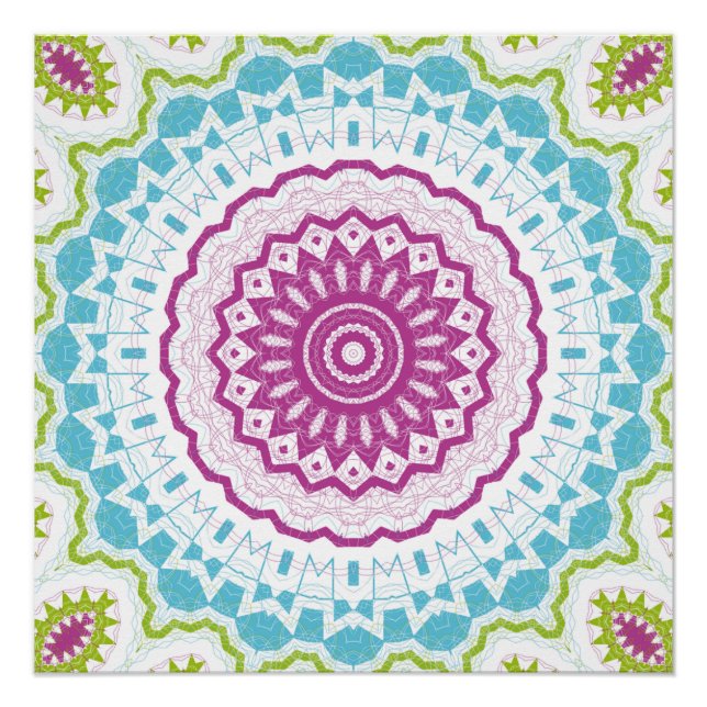Póster Padrão de Mandala Azul Magenta e Verde (Frente)