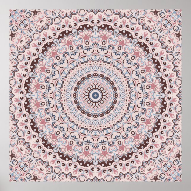 Poster Padrão de Mandala Boho Rosa e Azul (Frente)