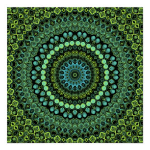 Póster Padrão de Mandala em Caleidoscópio Verde e Turques