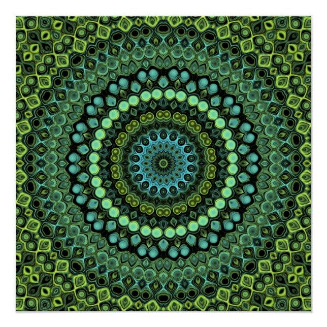 Póster Padrão de Mandala em Caleidoscópio Verde e Turques (Frente)