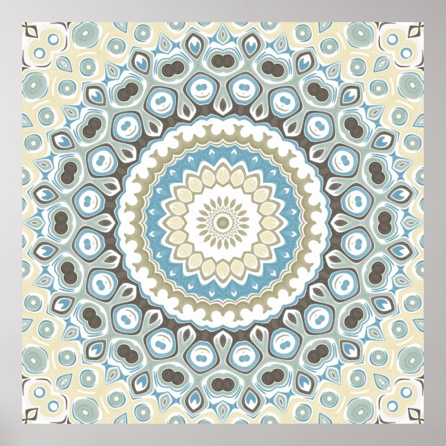 Poster Padrão de Mandala em Verde-Azul e Bege com Tons Te (Frente)