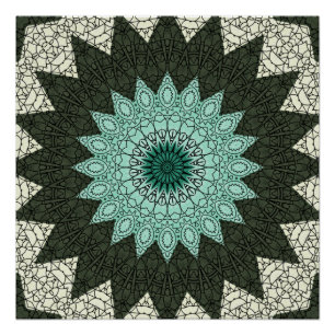 Póster Padrão de Mandala Geométrico Azul Turquesa e Verde