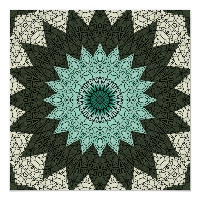 Póster Padrão de Mandala Geométrico Azul Turquesa e Verde (Frente)