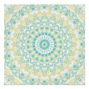 Póster Padrão de Mandala Geométrico Azul-Verde e Amarelo