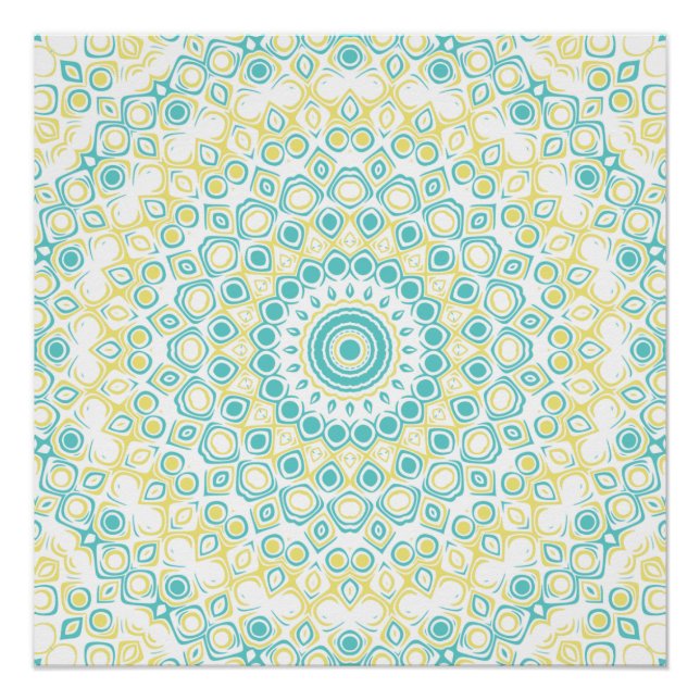Póster Padrão de Mandala Geométrico Azul-Verde e Amarelo (Frente)