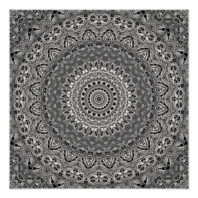 Póster Padrão de Mandala Geométrico Preto e Branco (Frente)