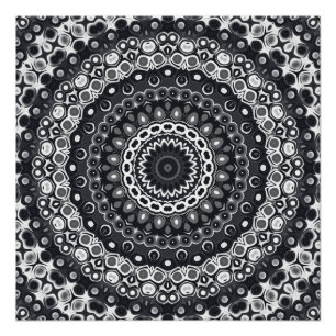 Póster Padrão de Mandala Monocromático Preto e Branco