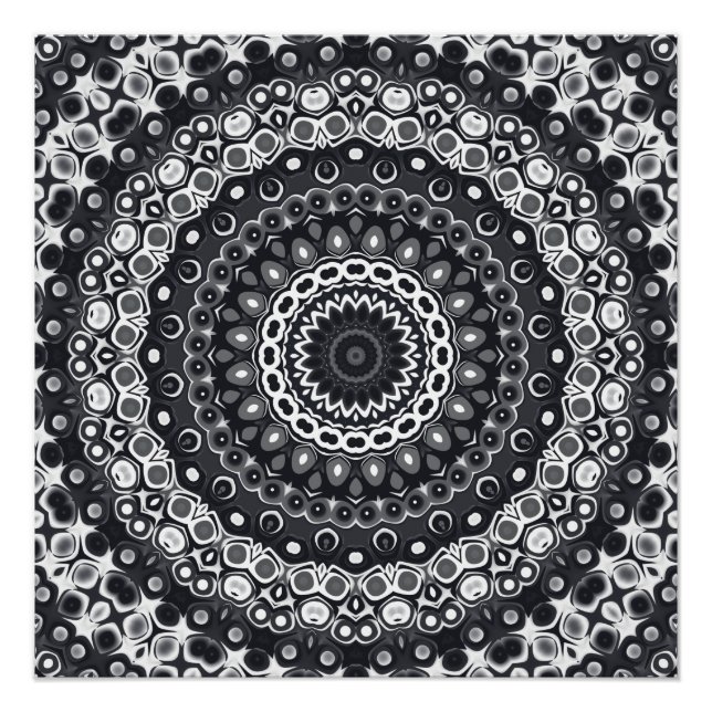 Póster Padrão de Mandala Monocromático Preto e Branco (Frente)