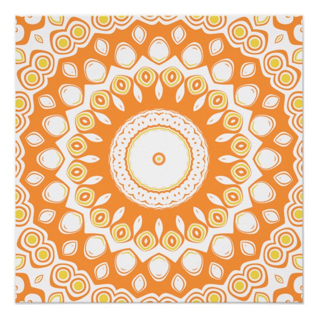 Póster Padrão de Mandala Radiante Laranja e Amarelo (Frente)