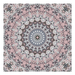 Póster Padrão de Mandala Rosa Cinza e Branco