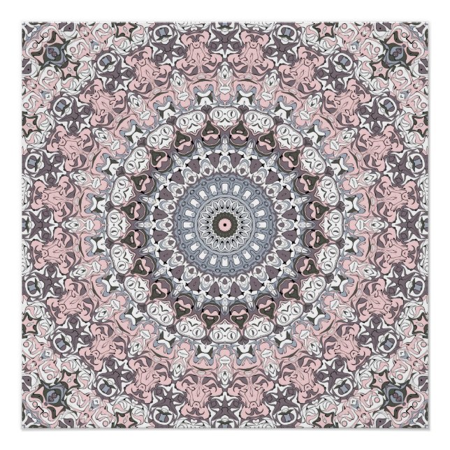 Póster Padrão de Mandala Rosa Cinza e Branco (Frente)