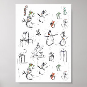 Poster Padrão de Natal bonito com Snowman, Tree e Gif