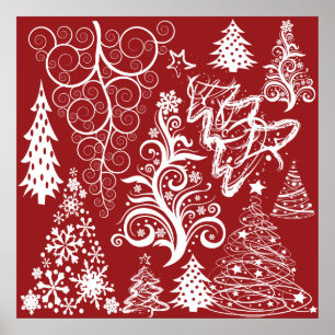 Poster Padrão de Natal Vermelho Festivo Férias Natal Árvo