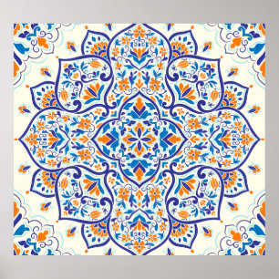 Poster Padrão de Ornamento Azul Laranja de Luxo
