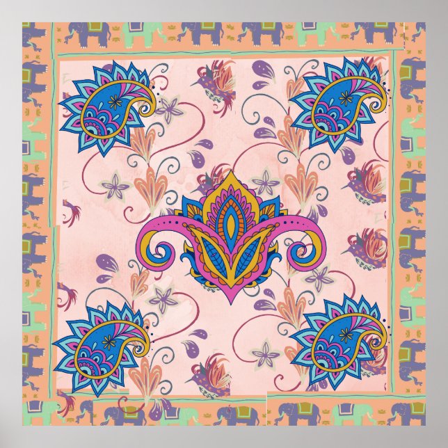 Poster Padrão de paisley boho e elefante_arte de mandala (Frente)