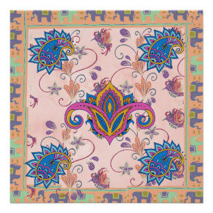 Póster Padrão de paisley boho e elefante_arte mandala