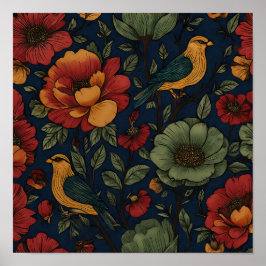 Poster Padrão de Papel de Parede Flora Folclórica Índigo