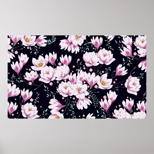 Poster Padrão de primavera sem costura com magnólias. (Frente)