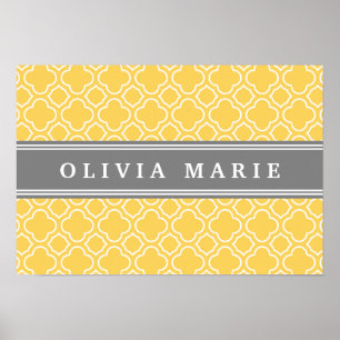 Poster Padrão de Quatrefoil Amarelo na moda com Nome