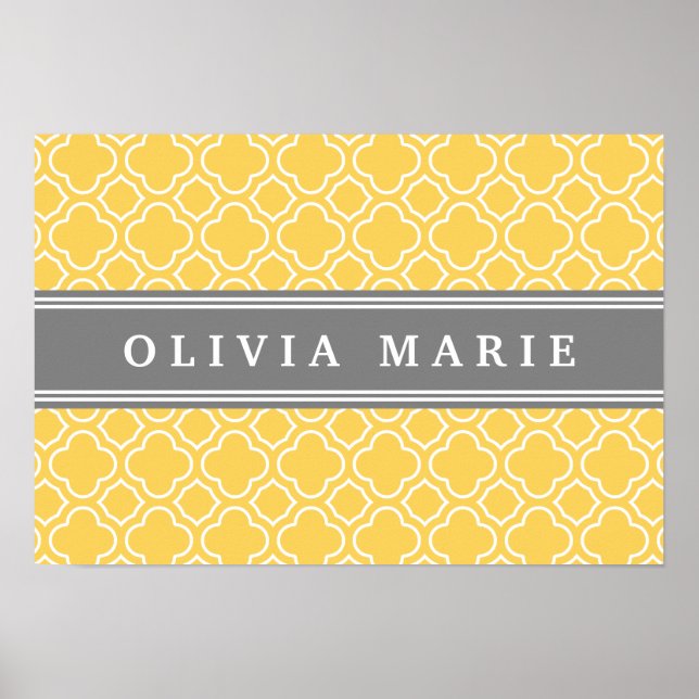 Poster Padrão de Quatrefoil Amarelo na moda com Nome (Frente)